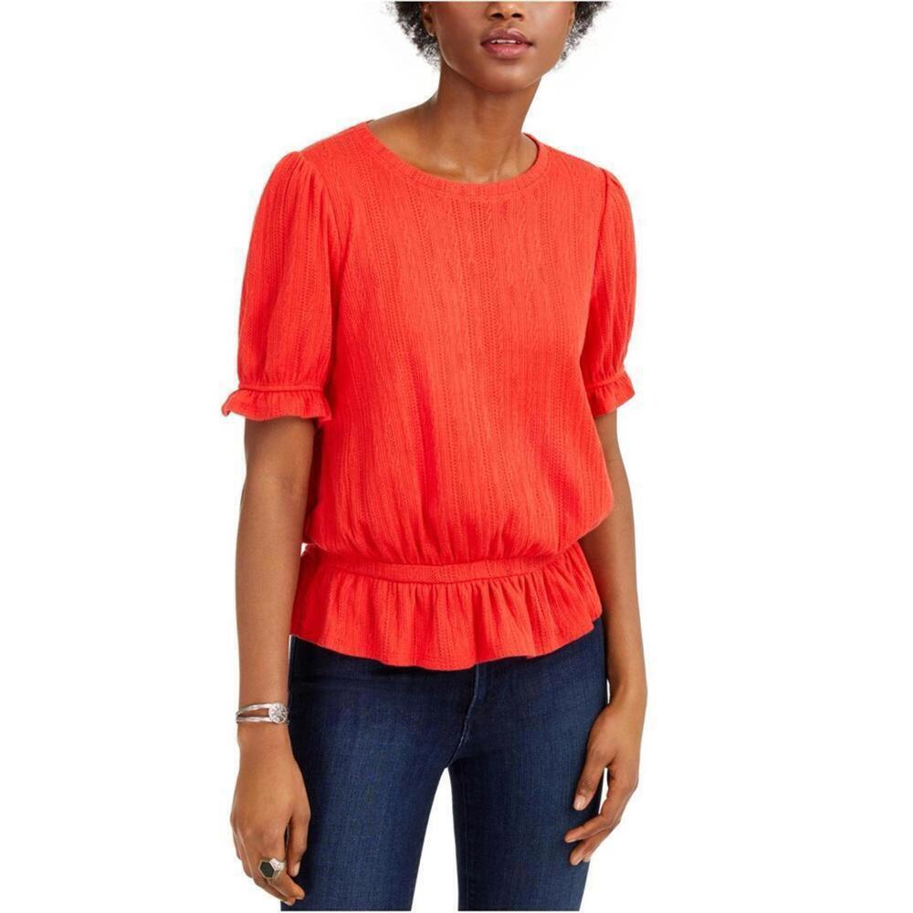 Lucky Brand l Banded Pointelle Ruffled Blouse Red Size Medium